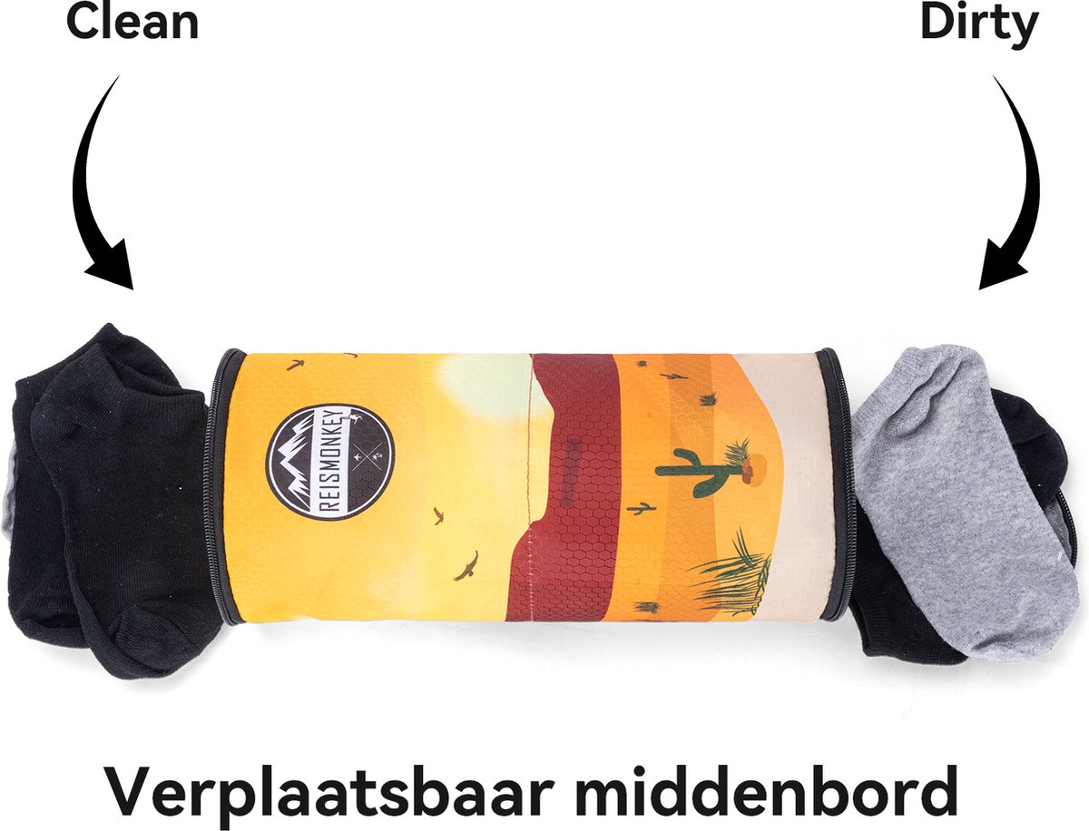 Packing cube Clean & Dirty Valley - Sokken & Ondergoed Organizer - Waszak - Verschuifbaar middenstuk - Water en vuilafstotend - Sterke ritsen