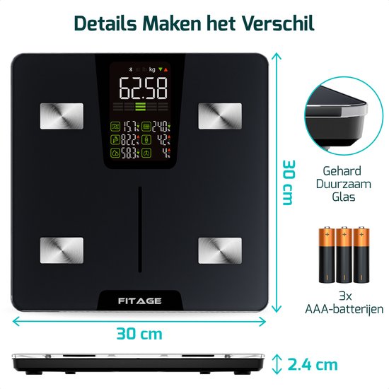 FITAGE LED Weegschaal Personenweegschaal Digitaal - Slimme Weegschaal met 17x Lichaamsanalyse - Weegschalen - FITAGE App