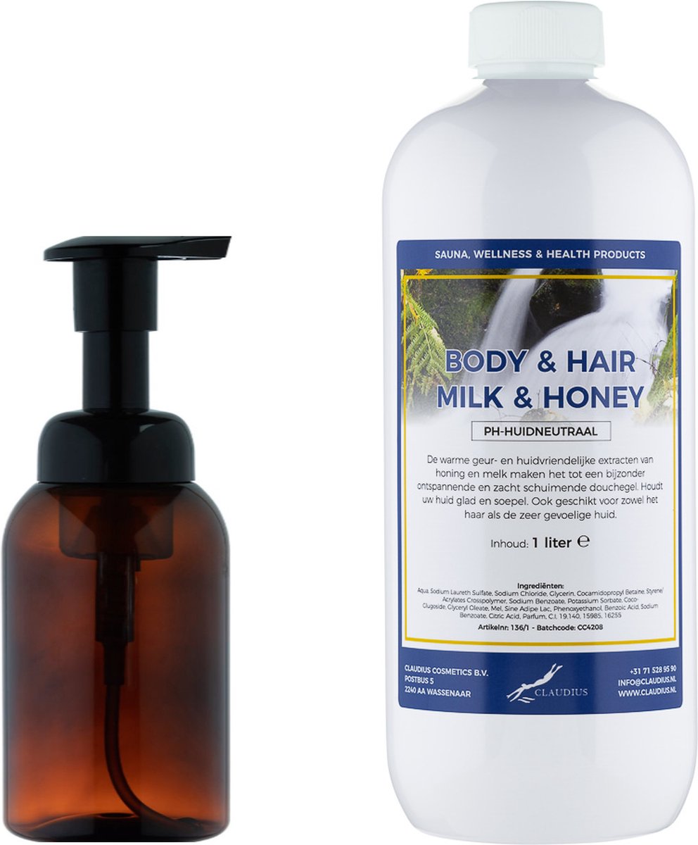 Goedkoopste Zeepdispenser 300 ml amber bruin hervulbaar 1 liter Body & Hair Milk & Honey navulling