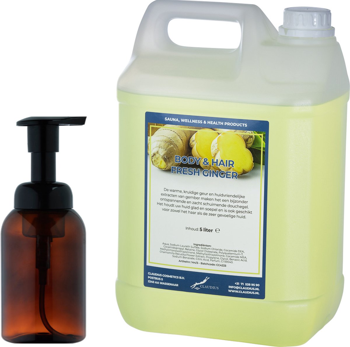 Goedkoopste Zeepdispenser 300 ml amber bruin hervulbaar 5 liter Body & Hair Fresh Ginger navulling