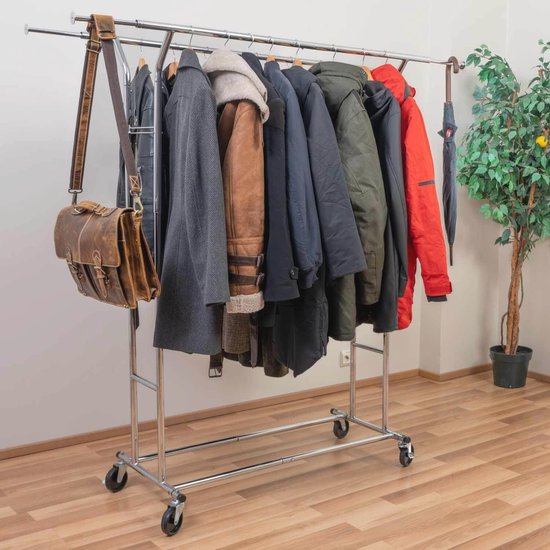 HOKEEPER heavy-duty kledingrek op wielen, dubbele kledingstang, belastbaar tot 283 kg, industrieel ontwerp, kapstok met plank en wasmand, uitschuifbare lengte en hoogte