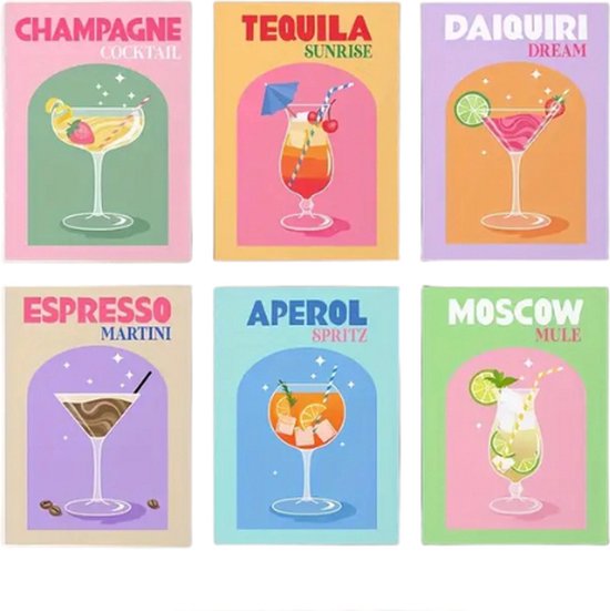 FA-VE Posterset - Set van 6 - Cocktailposters - Cocktail Posterset - Posters - Cocktail Poster - 6 Stuks