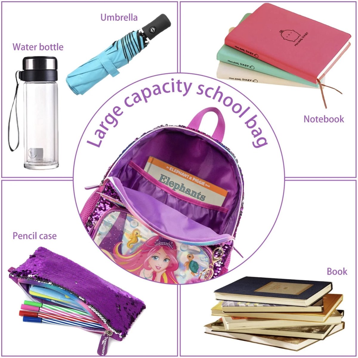 Joya Kids® Mermaid Schooltas Pailletten | Rugzak Meisje | Mermaid rugtas | Zeemeermin rugzak | Backpack meisjes | Paarse Pailletten en Glitter Tas met Etui | 33 x 26 cm | Groep 1 - 4 | 10 Liter – foto 2