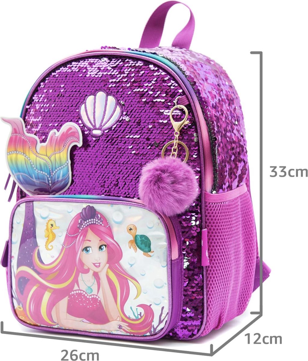 Joya Kids® Mermaid Schooltas Pailletten | Rugzak Meisje | Mermaid rugtas | Zeemeermin rugzak | Backpack meisjes | Paarse Pailletten en Glitter Tas met Etui | 33 x 26 cm | Groep 1 - 4 | 10 Liter – foto 6