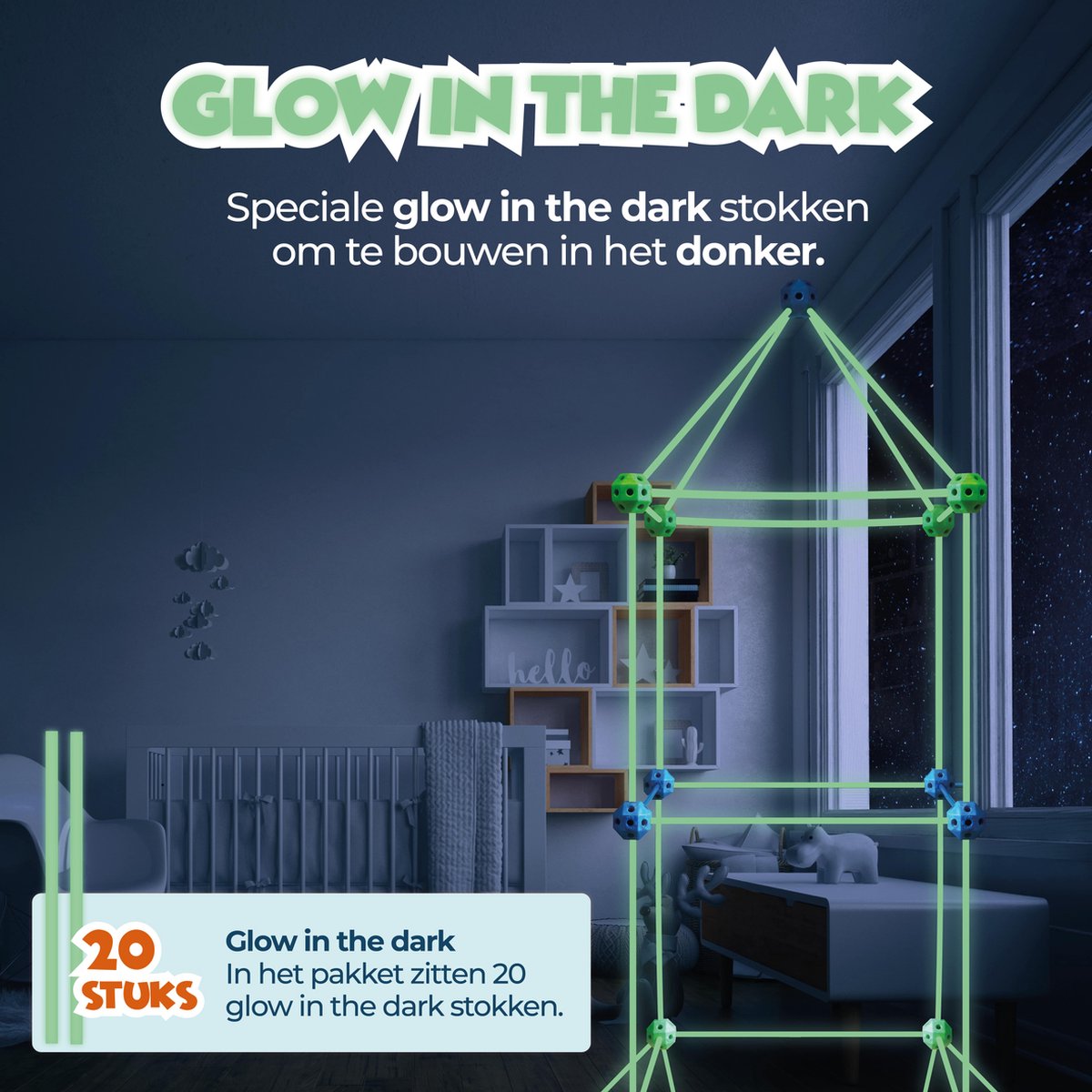 MEGAFORT Fort Bouwpakket Glow in the Dark - Hut & Fort Bouwen - 120 Delen, Stokken 42,5 cm - Speeltent - Speelgoed 4 Jaar - Montessori Speelgoed — afbeelding 5