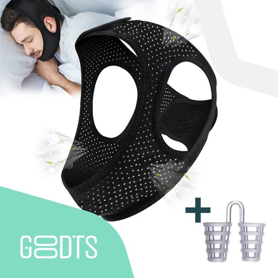 Zwart antisnurk masker met kleine gaatjes, gedragen door een slapende man. Inclusief twee neusspreiders en merknaam 'GOODTS'.