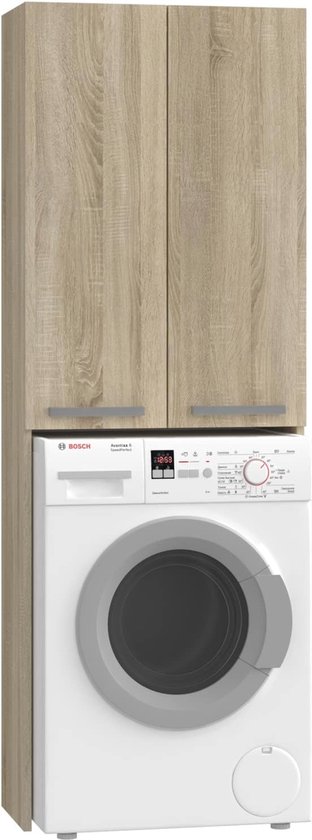 BonVache Wasmachinekast met 2 schuifdeuren, verstelbare planken, wasmachinerek met zijvak voor papieren handdoek en 4 open vakken, voor badkamer, toilet en bijkeuken, zwart