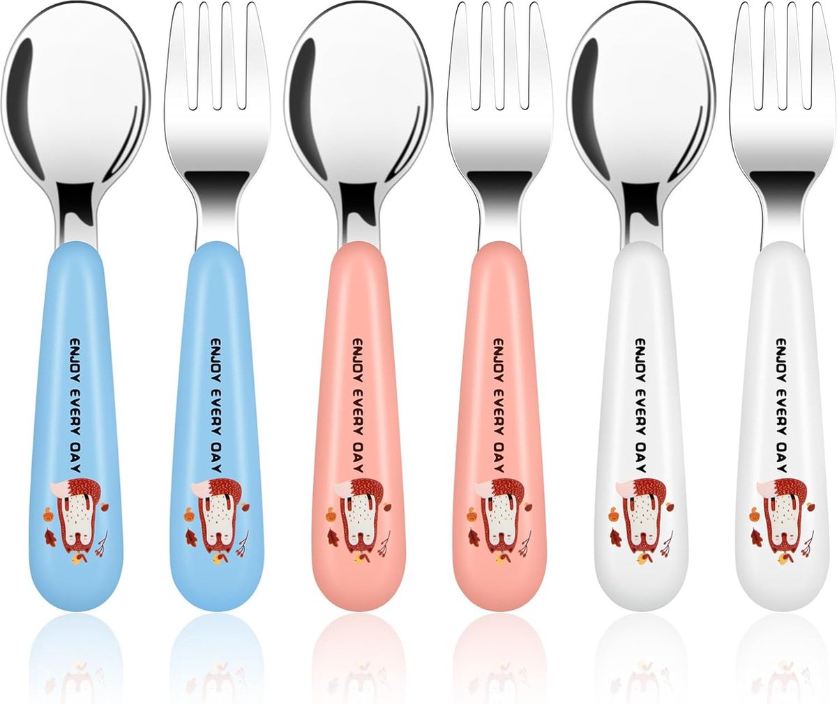 Goedkoopste Baby Vork en Lepel, 6 stuks Roestvrij vork en lepel voor kinderen, Peuter Bestek Lepels Vorkjes Tafelgerei Set, Baby Voeden Bestek Bestek Weaning Lepels voor kinderen - Vos