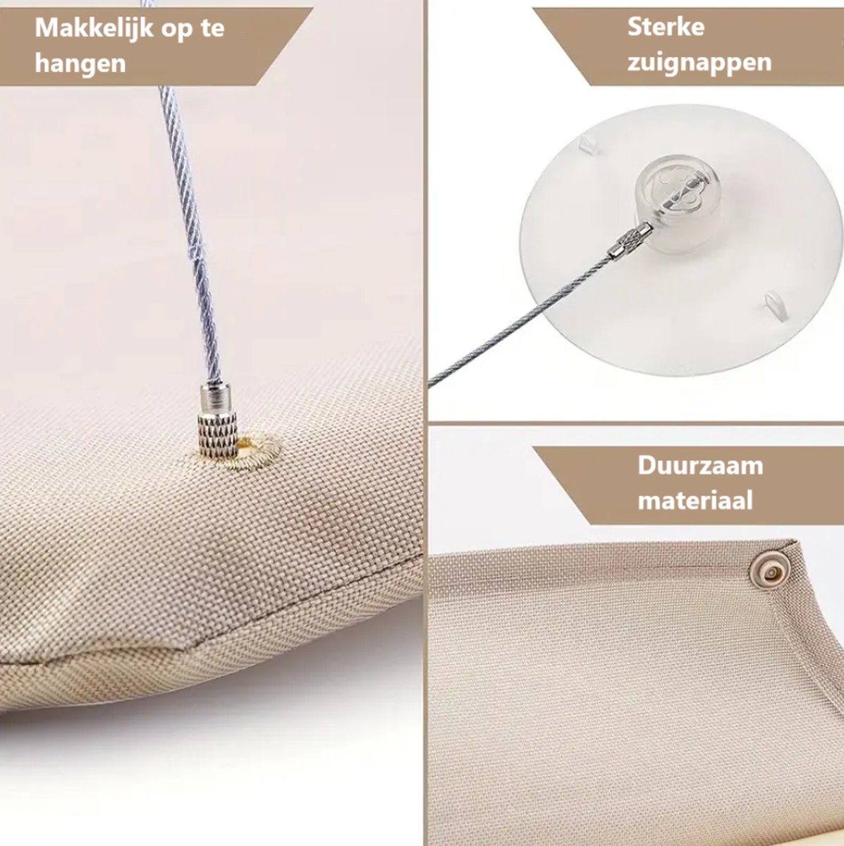 Dutchers® Kattenbed - Nu met extra ligkussen - Hangmat voor huisdier - Kattenmand voor het raam - Hangmat - Ligbed voor poes & kat - Bruin – foto 3