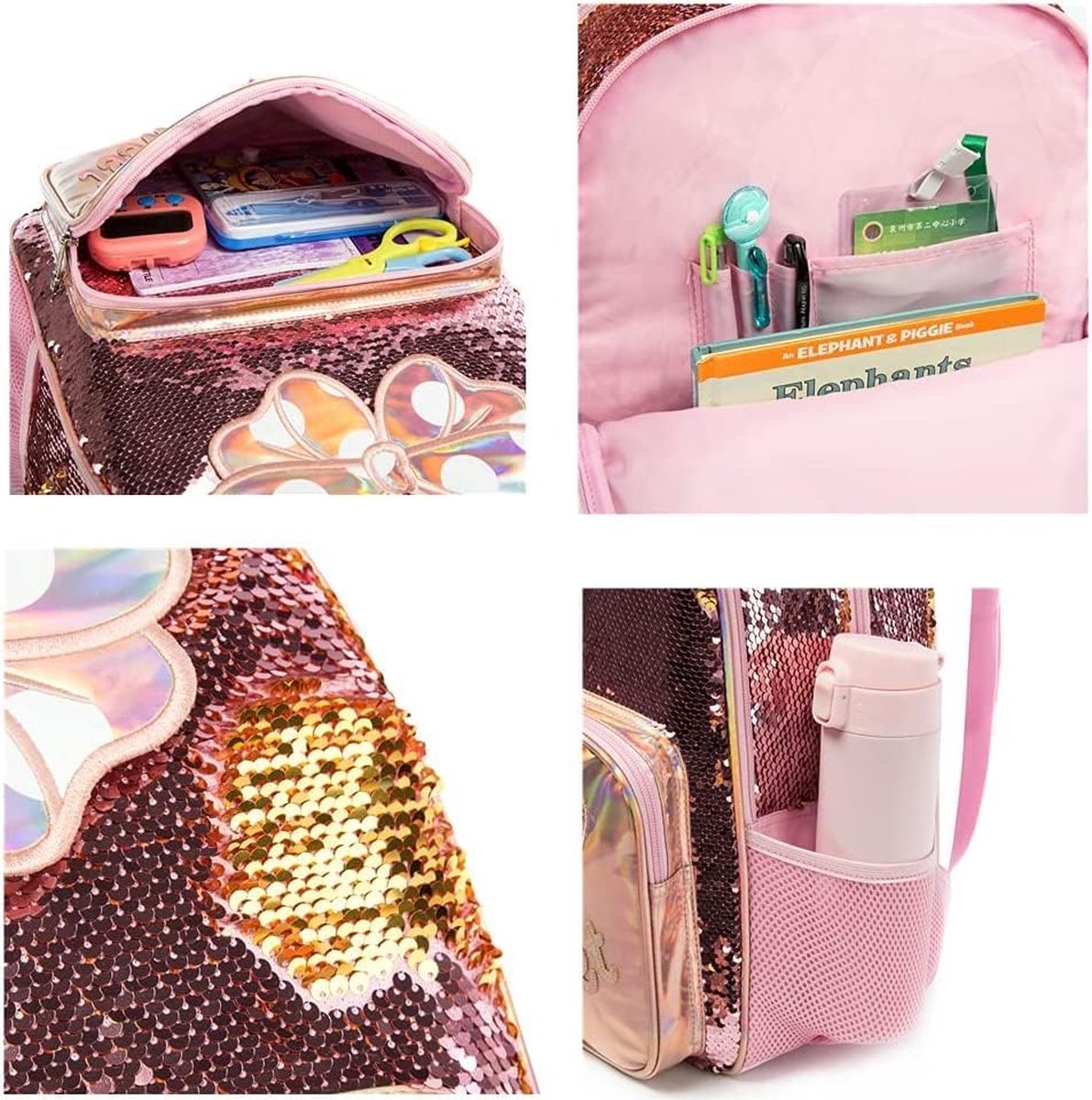 Joya Kids® Mini Oren Schooltas Pailletten | Rugzak Meisje | Muis rugtas | |Mini rugzak | Backpack meisjes | Roze Pailletten en Glitter Tas met Etui | 34 x 24 cm | Groep 1 - 4 | 10 Liter – foto 4