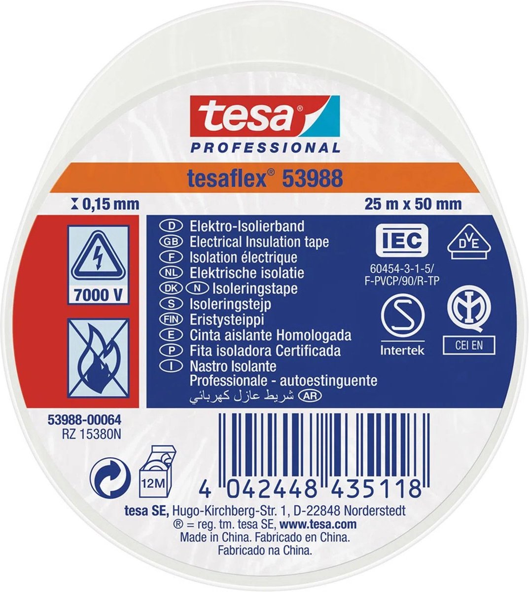 tesa 53988-00064-00 Isolatietape tesa Professional Wit (l x b) 25 m x 50 mm 1 stuk(s)