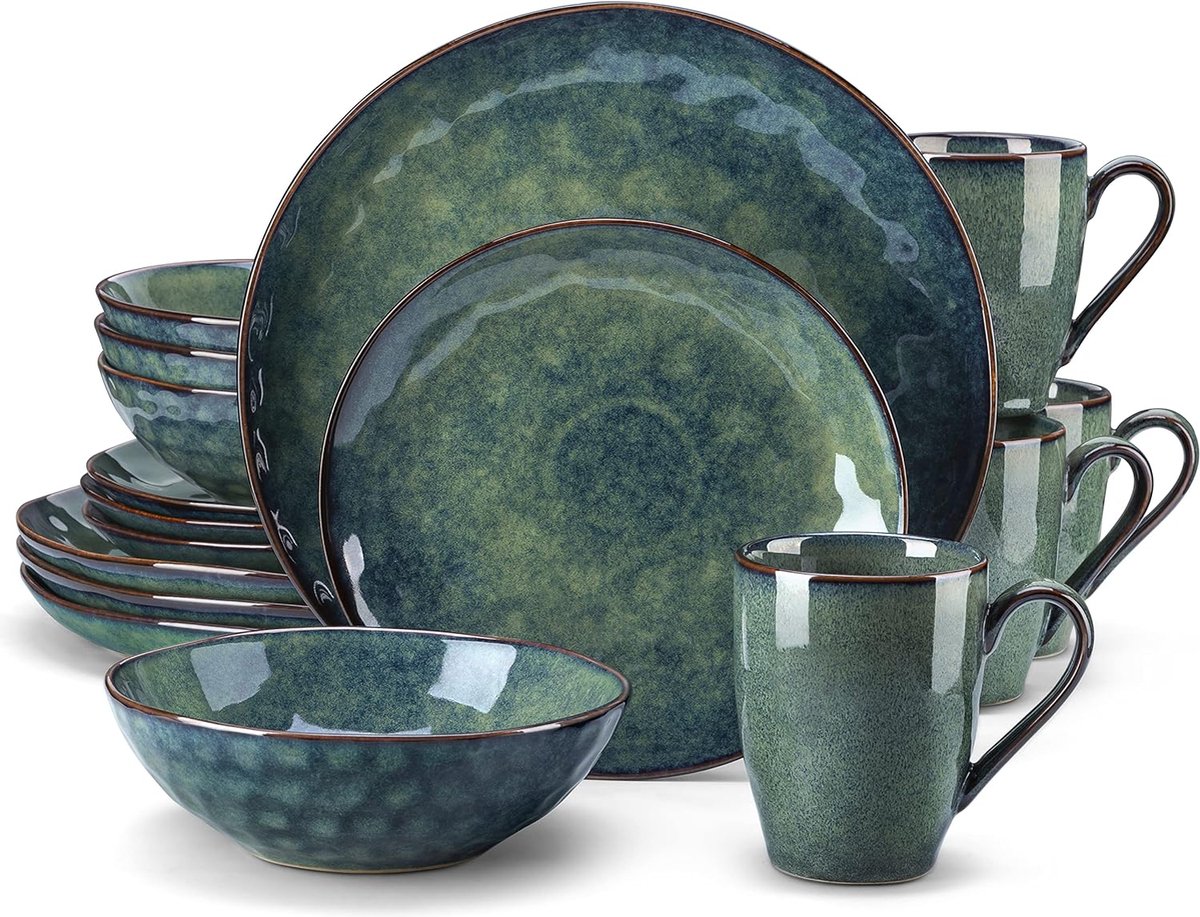 Luxe Serviesset – 16 delig – 4 persoons – Porselein - Bordenset – Dinner platen – Dessertborden - Kommen - Mokken - Schaaltjes - Groen