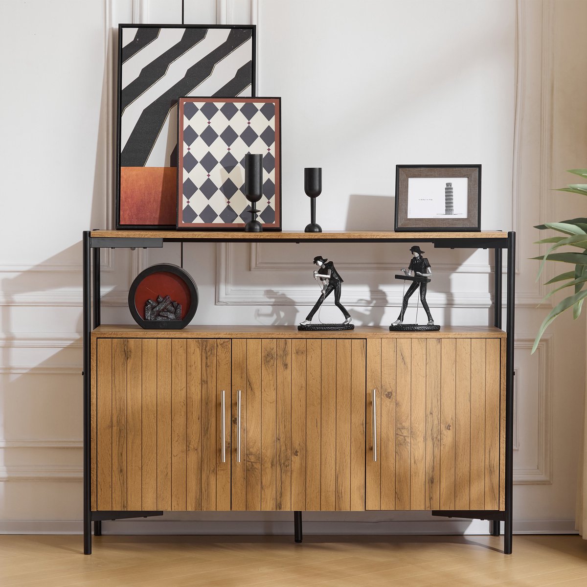 Gutent Dressoir met 3 Deuren en Verstelbare Planken, Natuurlijk ,120 cm, Industrieel ontwerp, voor woonkamer, eetkamer en hal, afmetingen: H 90 cm / B 120 cm / D 35 cm