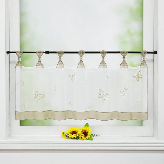 Yaland Vitrage, transparant, voile, gordijnen met elegant patroon, korte gordijnen, keuken, gordijnen, landelijke stijl, bistrogordijnen met kogelrand, wit (b x h 140 x 60 cm), 1 stuk