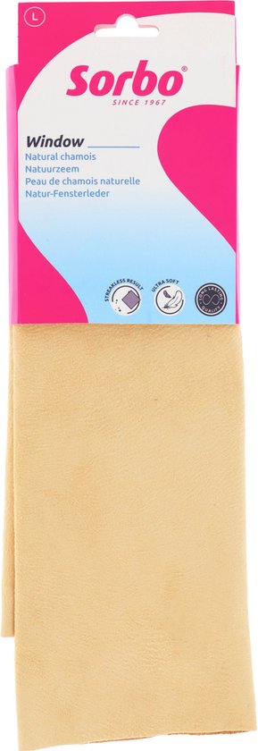 Verpakking van Sorbo raamzeem van natuurlijk schapenleer in de kleur lichtgeel. Met 'streakless result' en 'ultra soft' iconen.