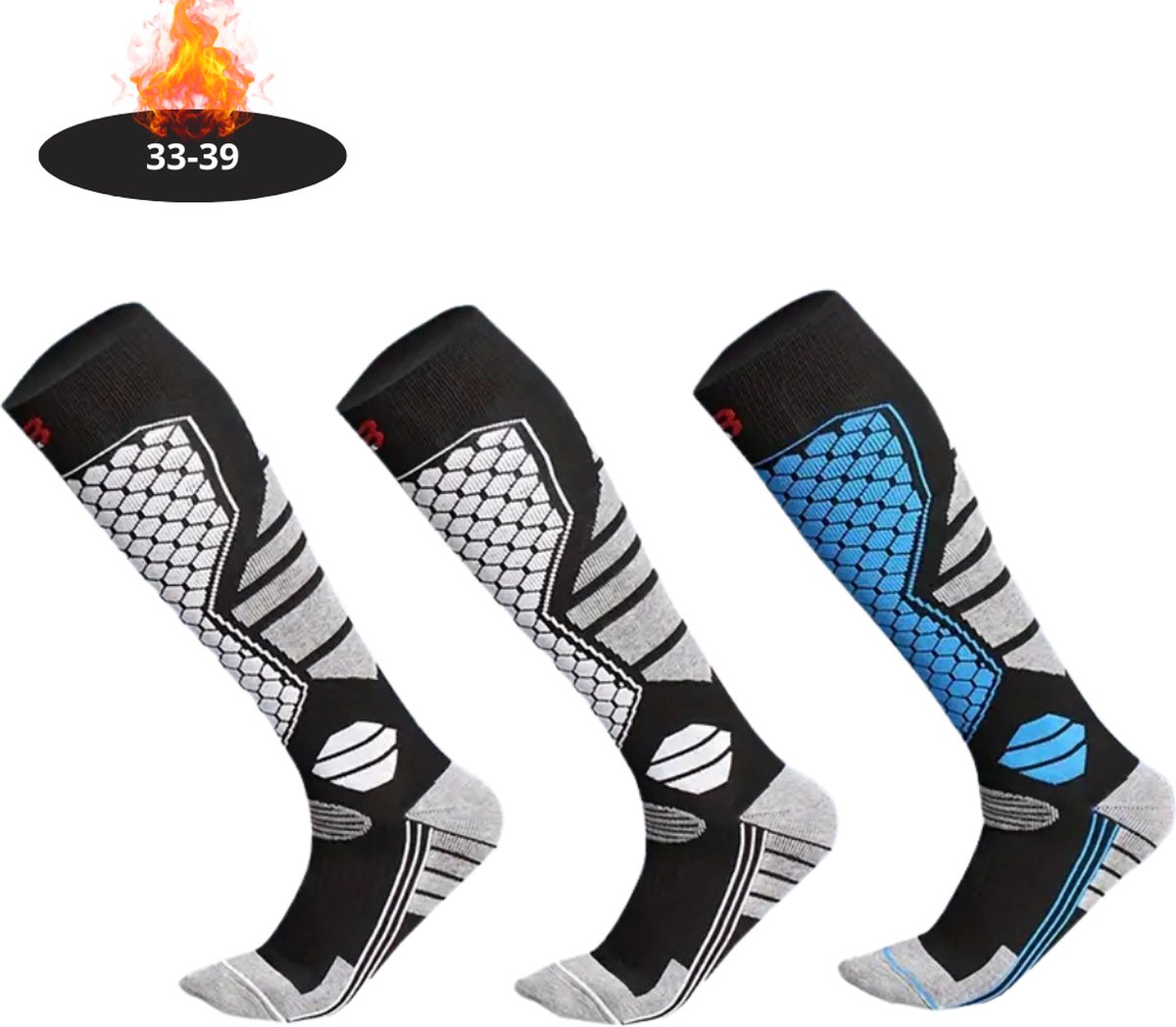 Livano Skisokken Ski Sokken Warme Sokken Lange Huissokken Thermo Compressie 2 +1Blauw 39-45 3 paar Grijs
