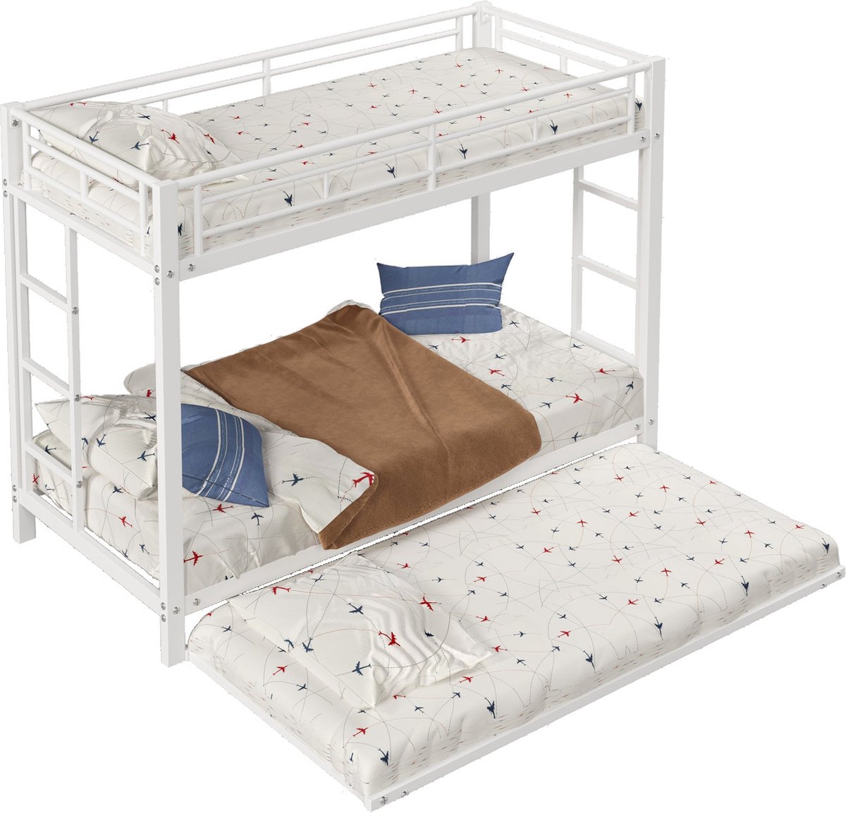 Merax Stapelbed 90x200 cm met Extra Uittrekbaar Bed – Metalen Kinderbed met Hoog Veiligheidshek – EN747 Gecertificeerd – Wit