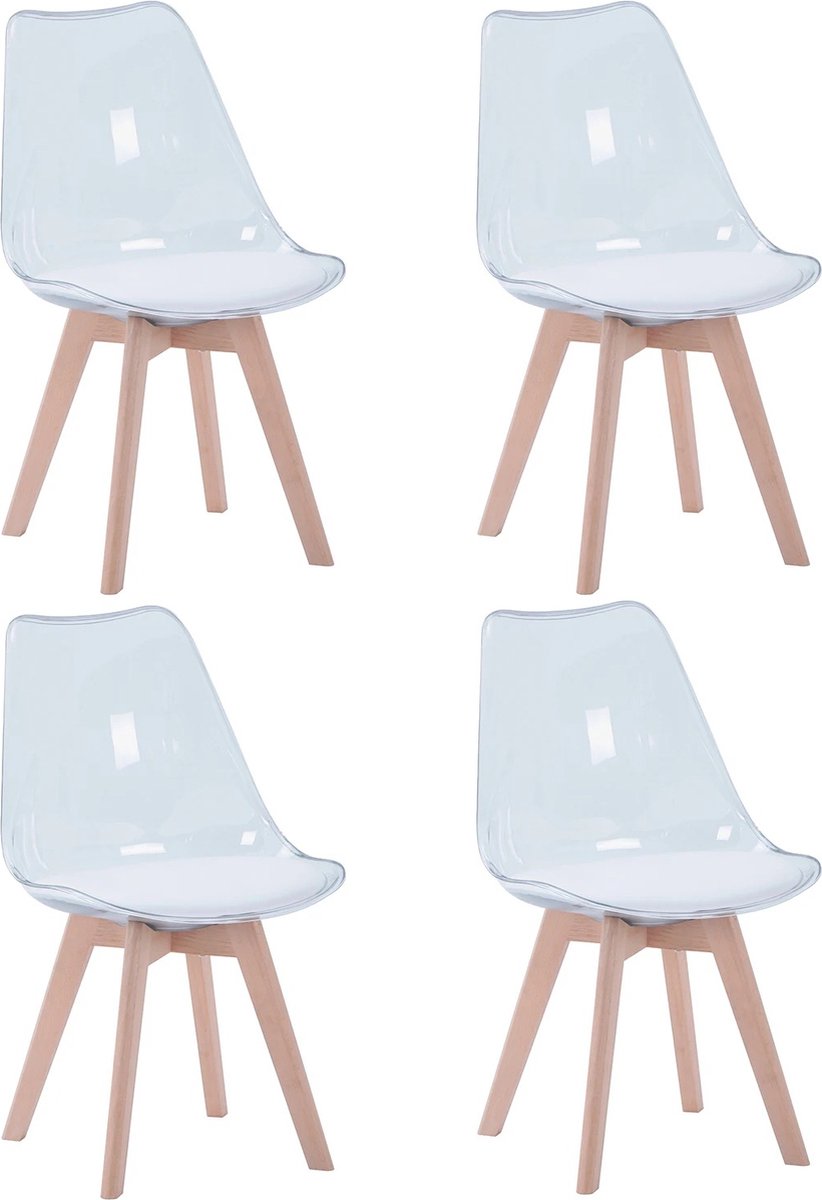 Hanimo Eetkamerstoelen Set Van 4 - Eetkamer Stoelen - Transparante Kuipstoelen - Scandinavisch - Modern - Gewatteerde Zitting - Beukenhouten Poten - Transparant&Wit