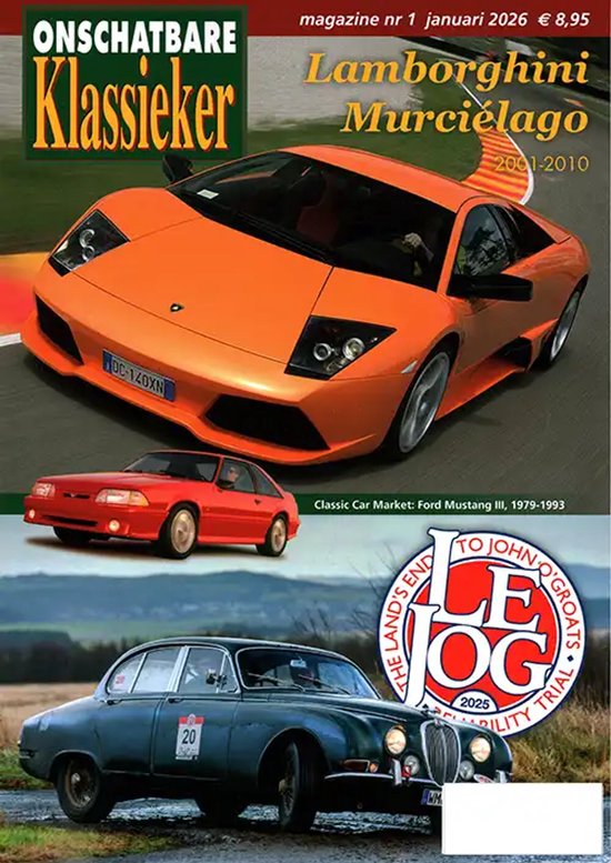Magazine cover: Oranje Lamborghini Murciélago, rode Ford Mustang III, donkergroene Jaguar. "Onschatbare Klassieker"