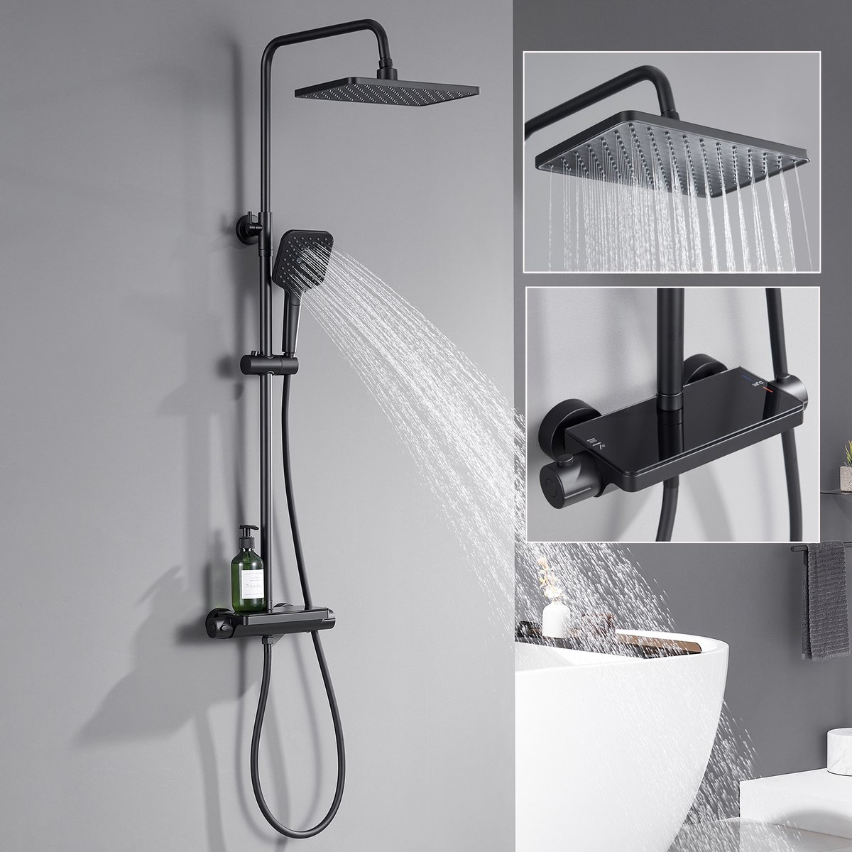 Lonheo Max Regendouche met Thermostaatkraan - Doucheset Zwart - Regendoucheset - Inclusief thermostaatkraan en planchet - 10 inch Douchekop - Waterbesparend - Zwart