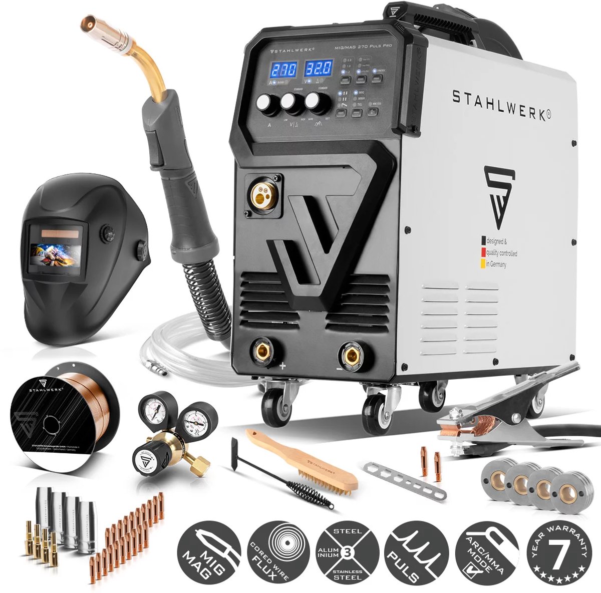 STAHLWERK lasmachine MIG 270 Puls Pro volledig uitgerust | 4-in-1 gasbeschermd lasapparaat met pulsfunctie | 270 A, synergische draadaanvoer, geschikt voor aluminium, aandrijving met 4 rollen, TIG en MMA heffen
