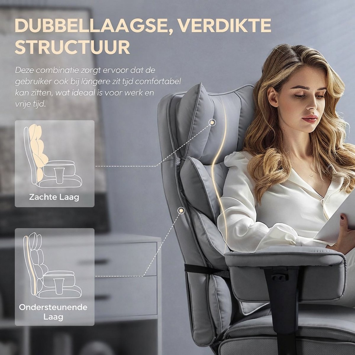 Dowinx Ergonomische Bureaustoel / Gamingstoel – Pocketveren Zitkussen – Dubbel gevoerde Rugleuning & Verstelbaar Lendenkussen – Met Armleuningen en Voetensteun – PU-leer – Grijs – foto 6