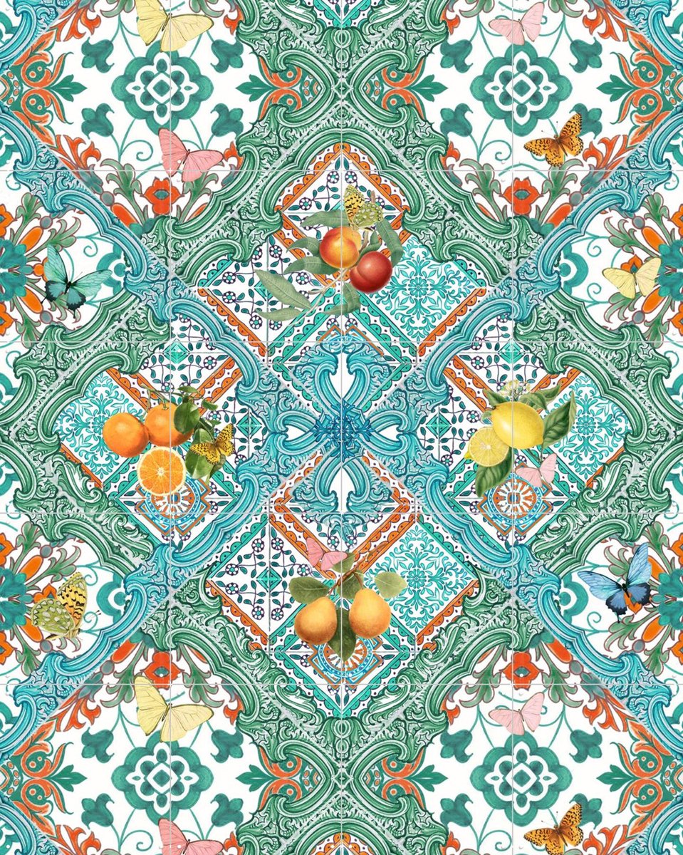 IXXI Mediterranean tiles and citrus fruit teal I, Bloomery Decor - 80 x 100 cm - Gratis ophangtool - Grote wanddecoratie en posters - Ornamenteel