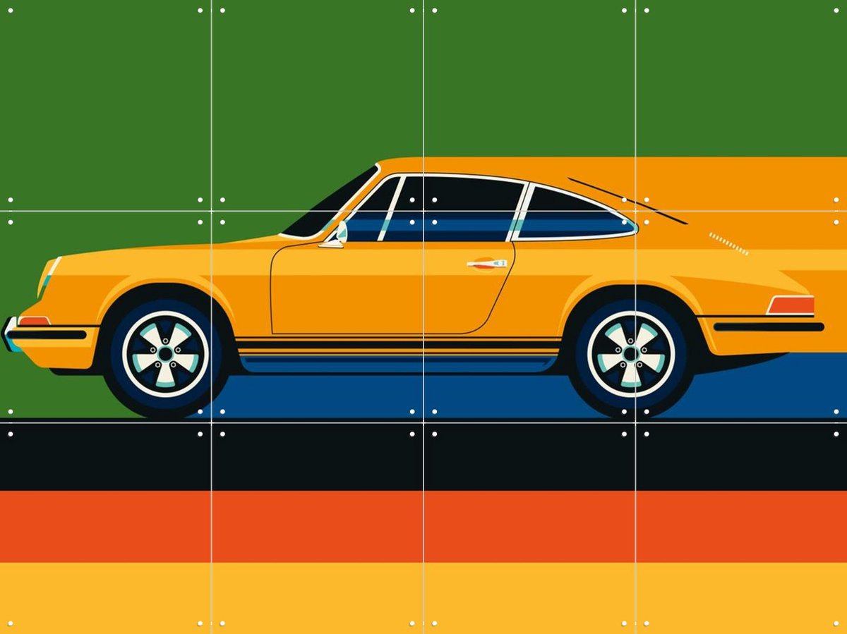IXXI Orange Vintage Sports Car Side, Bo Lundberg - 80 x 60 cm - Gratis ophangtool - Grote wanddecoratie en posters - Vintage, Illustraties, Kleurrijk