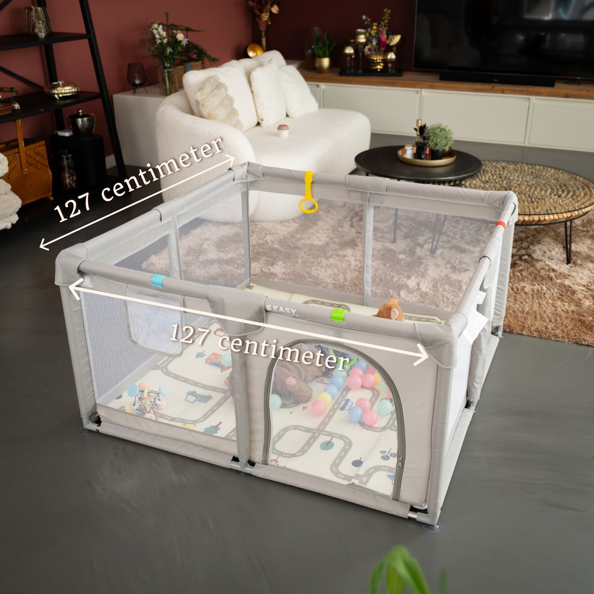 Grondbox – Top kwaliteit - Stevig - Eenvoudig - Twee formaten - 127x127cm - Inclusief Dubbelzijdige Speelmat – Baby Speelbox met 50x Speelballen - Kinderbox - Babybox - Box voor baby's - Kruipbox - Baby box - Playpen - Grijs – foto 2