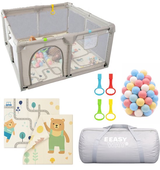 Grondbox – Top kwaliteit - Stevig - Eenvoudig - Twee formaten - 127x127cm - Inclusief Dubbelzijdige Speelmat – Baby Speelbox met 50x Speelballen - Kinderbox - Babybox - Box voor baby's - Kruipbox - Baby box - Playpen - Grijs