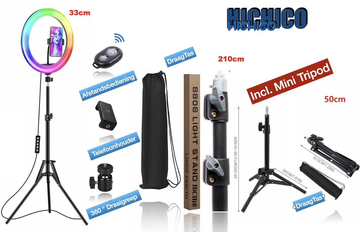HiCHiCO® Selfie LED Ringlamp met Statief 12 inch / 2M + Mini tripod 35~50cm