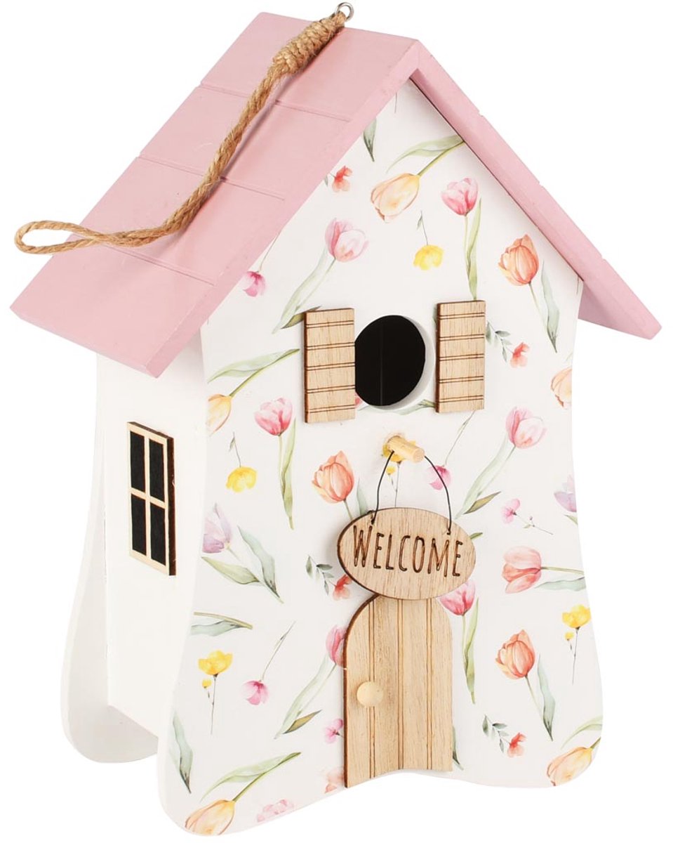 dekoratief Vogelhuisje 'Tullip Time', hout, 18x11x25cm | A260206 Roze