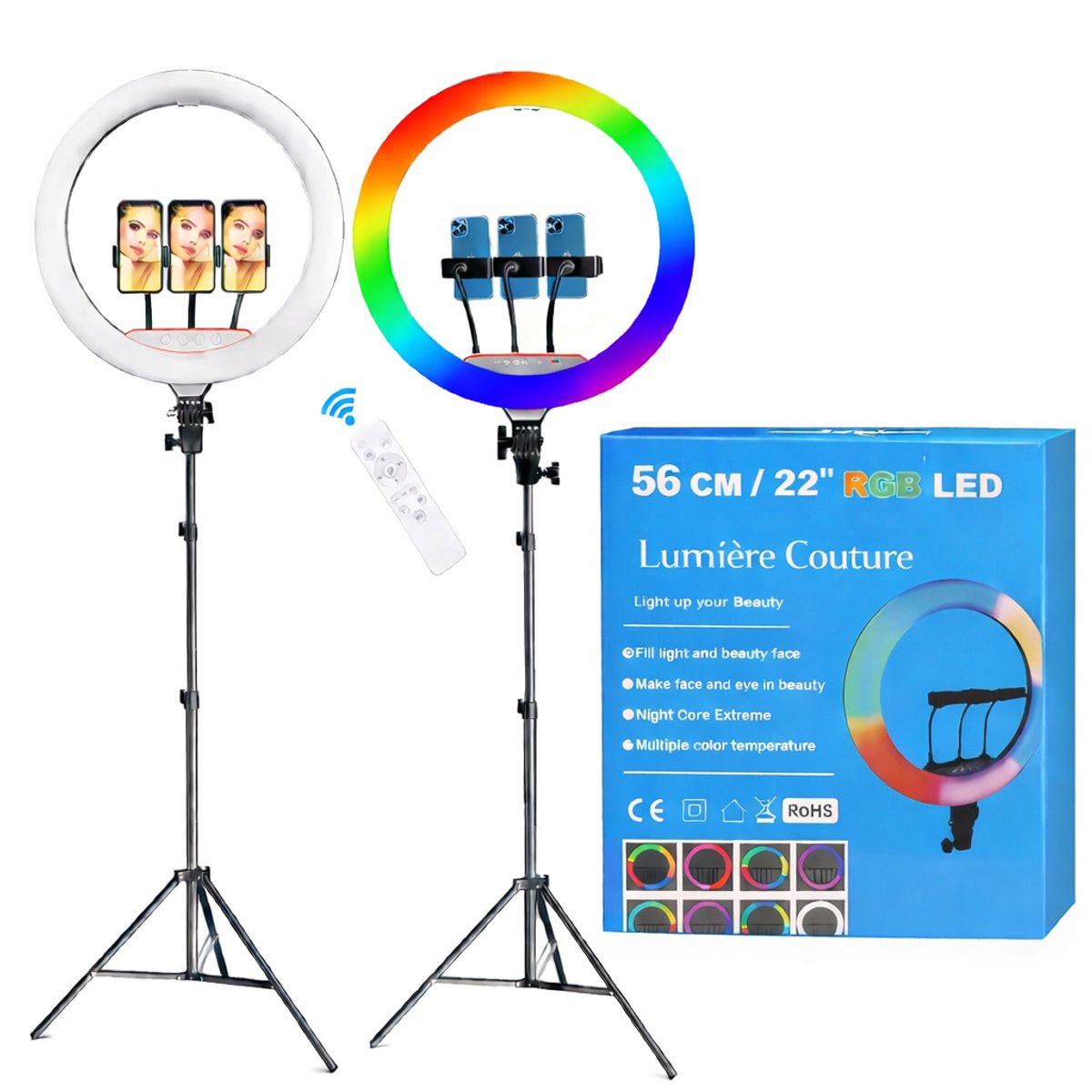 LED Ringlamp EXTRA GROOT INCLUSIEF statief (verstelbaar) met telefoonhouder - RGB 56 cm / 22 inch -170 cm hoog - USB - flitser - Ring lamp voor Vloggen - Vlog - Make-up light - Studiolamp