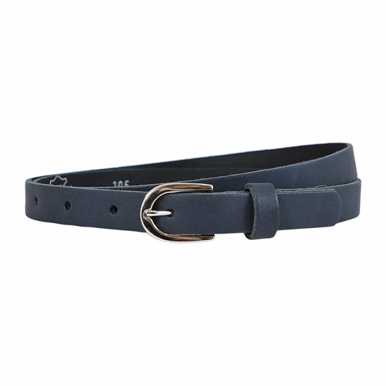 Blauwe smalle leren damesriem met zilverkleurige gesp, 2 cm breed.