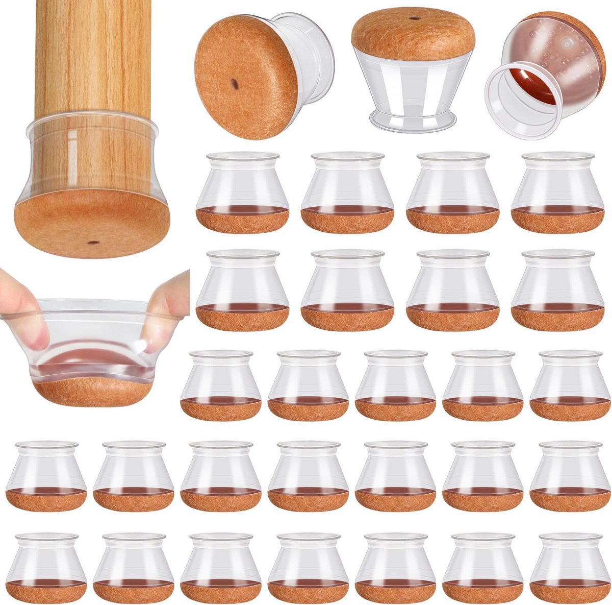 32 Stuks Siliconen Stoelpootdoppen met Vilt - Transparant - Anti-Kras en Geluidsdempend voor Ronde Poten (30.1-40mm)