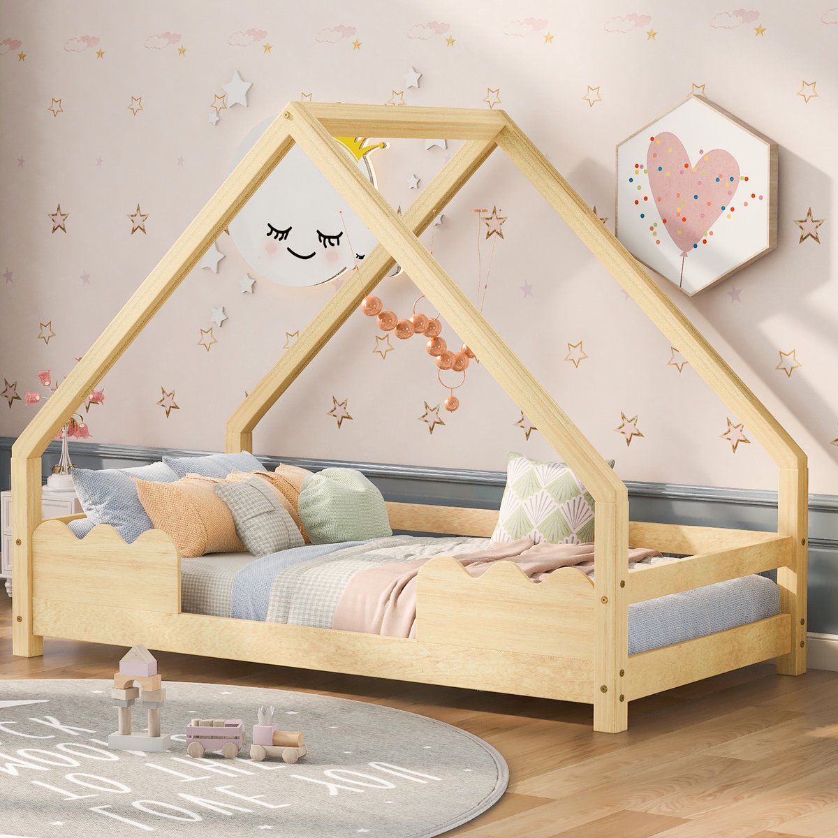 FloraGrace Huisbed 90x200cm – Kinderbed Met Uitvalbeveiliging En Lattenbodem – Met Logeerbed – Voor Kinderkamer – Massief Hout – Zonder Matras – Naturel
