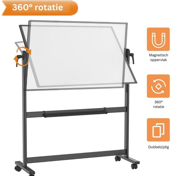 Wit dubbelzijdig whiteboard met 360 graden rotatie en magnetisch oppervlak.