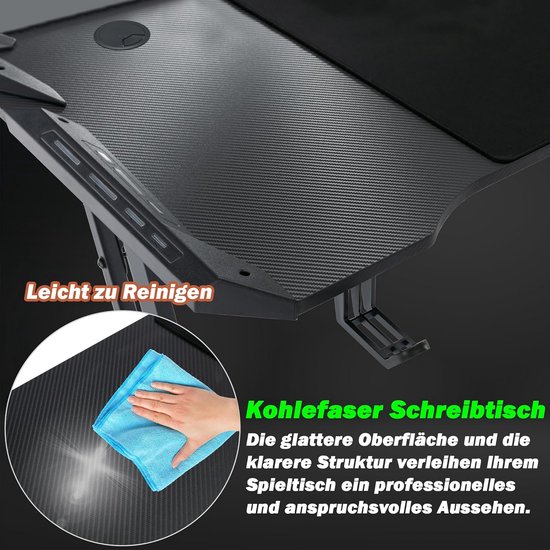 Ergonomisch Z-vormig Gamingbureau met Koolstofvezelblad en LED 140x60cm van Merkloos — afbeelding 3