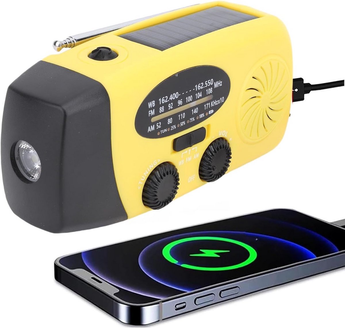 Noodradio met Zwengel, Zonnepaneel en Oplaadbare Accu voor AM/FM/WB