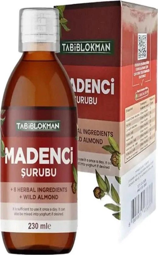 Tabiblokman Madenci Sirubu kruidenstroop met 8 kruiden en wilde amandel, 230 ml fles en doos.