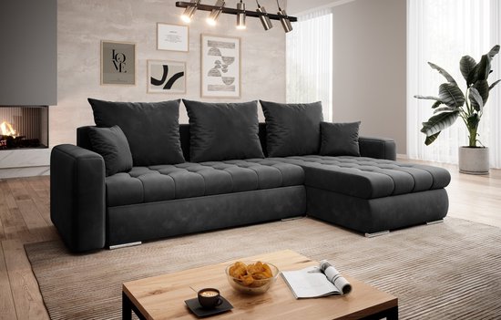 Hoekbank Cindy zwart Velvet- met bed en opbergruimte- hoeksalon zitbank universeel links of rechts lounge- Zetelsenbedden