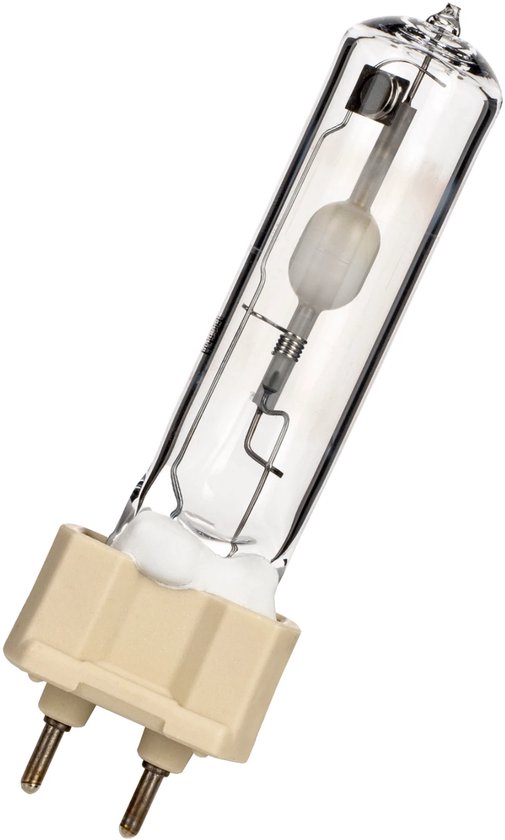 Philips Master Colour CDM-T 70W/942 lamp, schuin, helder glas, beige sokkel met twee pinnetjes.