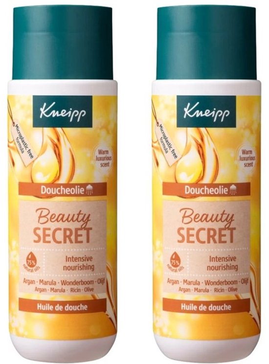 Twee flessen Kneipp Doucheolie Beauty Secret. Beide met microplasticvrije formule, warm luxueuze geur en 75% natuurlijke oliën zoals Argan, Marula, Wonderboom, Ricinus en Olijf.
