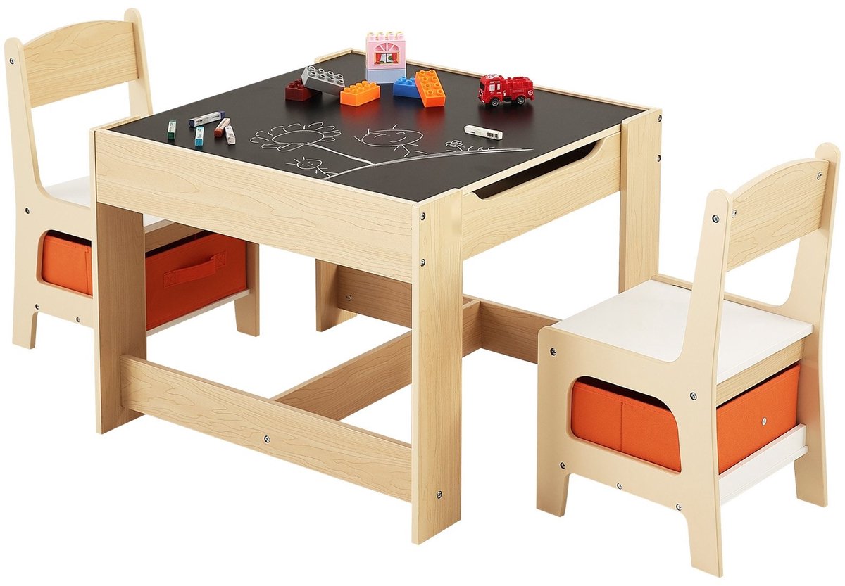 Kindertafel met 2 Stoelen - Knutsel- en Speeltafelset - Stoffen Opbergbox Onder de Stoelen - Voor Tekenen en Schrijven - Ook Als Bureau - Kinderzitgroep voor Thuis & Kinderdagverblijf