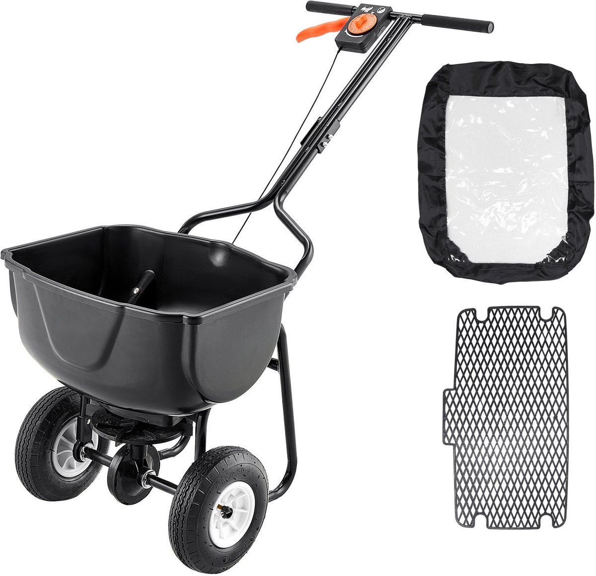 Strooiwagen voor gazon - Centrifugaal kunstmest- en zaadstrooier - Capaciteit 27 kg - Regelbare strooibreedte tot 3 m - Luchtbanden 20 cm - Met trechter - Duwmodel