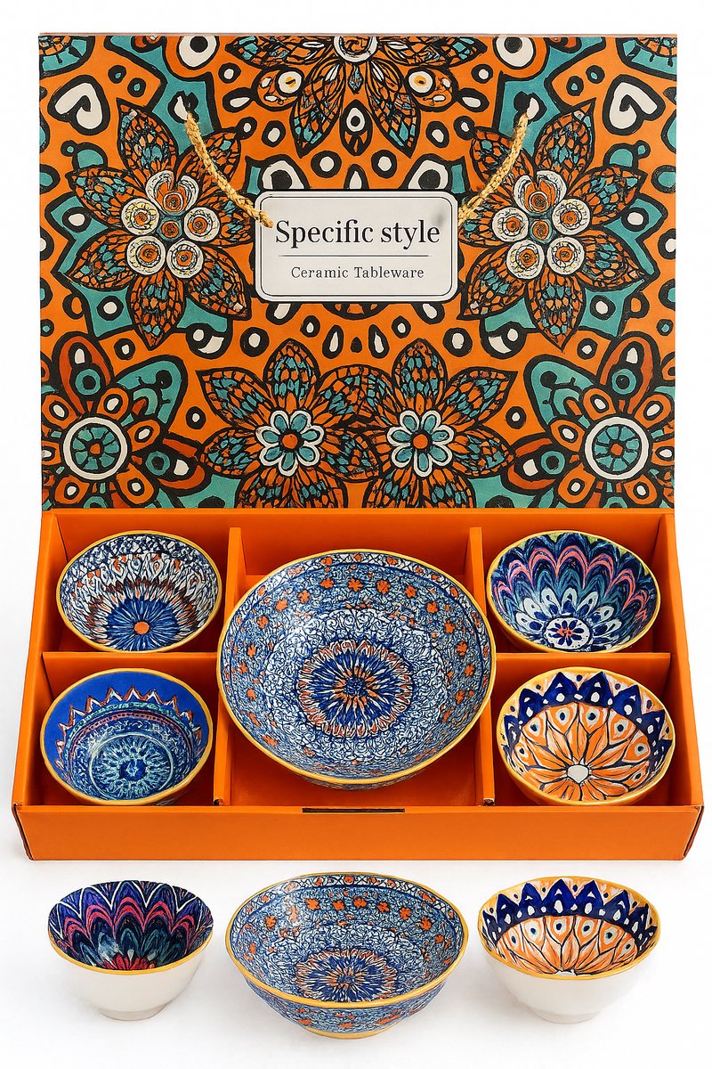 4 Keramische kommen én 1 diep bord - Bohemian - set - schaaltjes - kommetjes - serviesset - tapas, rijst, sushi - keramiek - porselein - giftbox - cadeauverpakking - Oosterse stijl - rijstkom - sushikom - decoratief servies - Boho - Mandala - Boheems