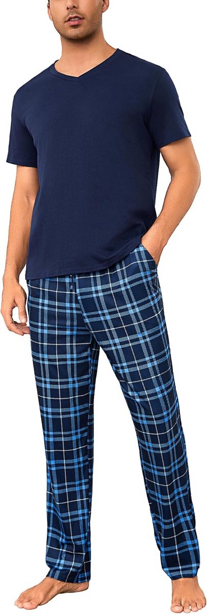 Comfortabele Katoenen Heren Pyjama Set met Korte Mouw en Lange Broek