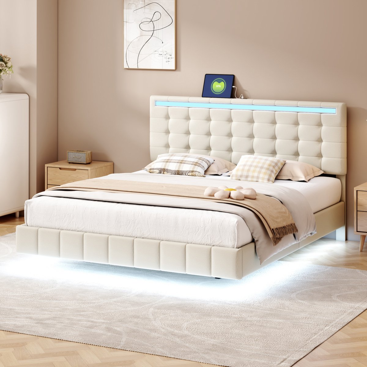 Gestoffeerd bed 160 x 200 cm, zwevend bedframe met ledverlichting en oplaadpoort, tweepersoonsbed, verborgen bedpoten, beige beddengoed