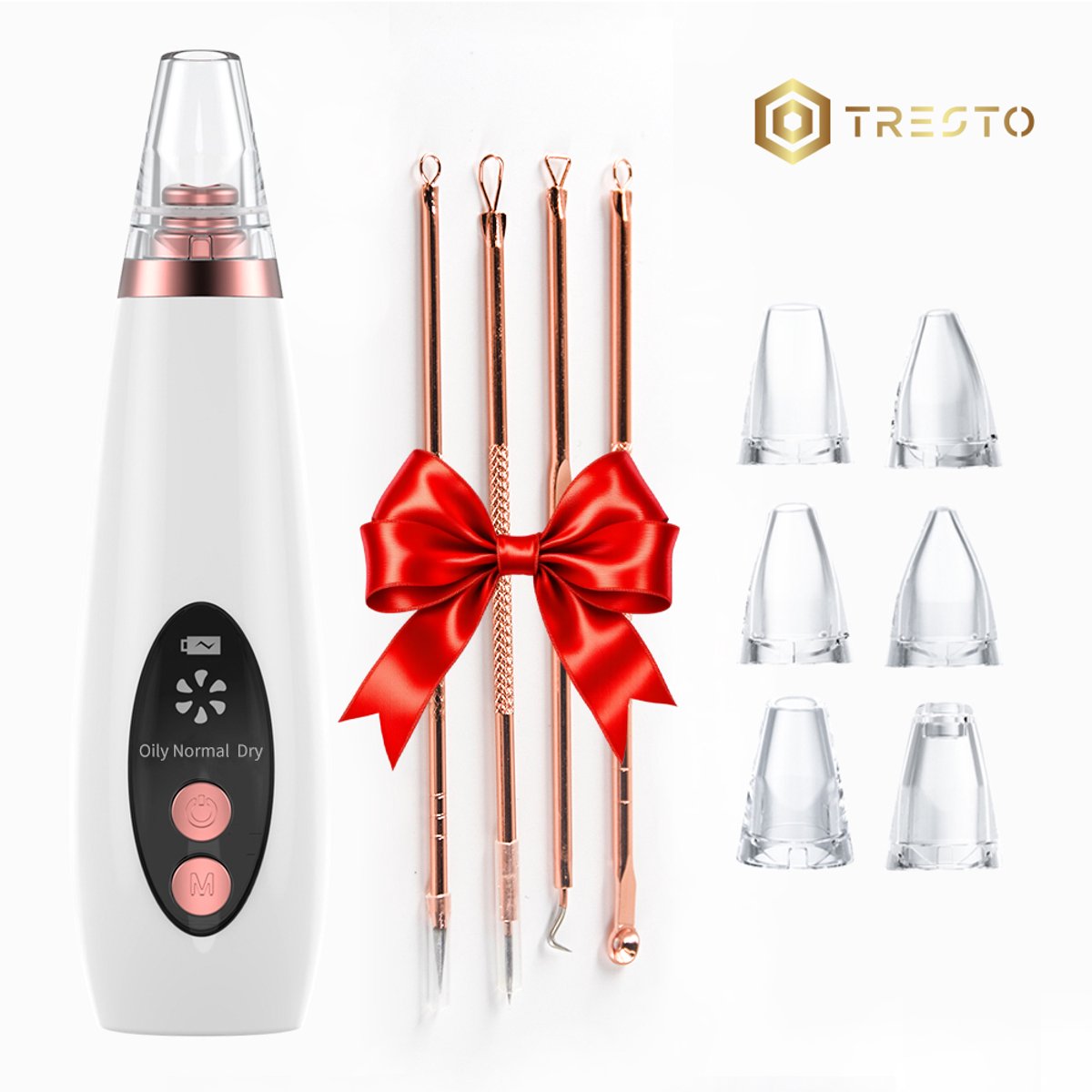 TRESTO - Premium Blackhead Remover - Poriënreiniger met 6 Opzetstukken Mee eters verwijderen - Acne - Comedonenlepels - Huidverzorging