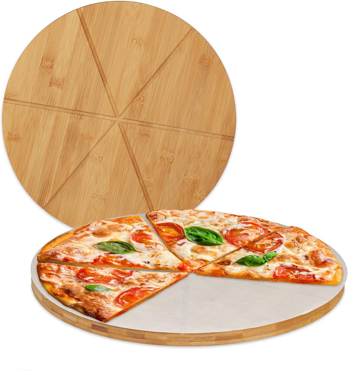 16x Ronde Bamboe Pizzaplanken met Groeven en Bakpapier, Ø 33 cm